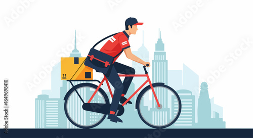 Delivery Person Cycling Through Cityscape with Cargo Bag and Packages.