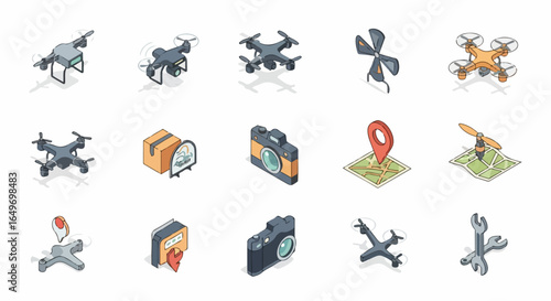 Isometric Collection of Modern Drones and Aerial Photography Equipment.