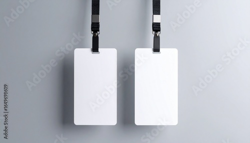 Pair of blank white identification badges on black lanyards, perfect for corporate branding, event passes, or security access mockup designs.