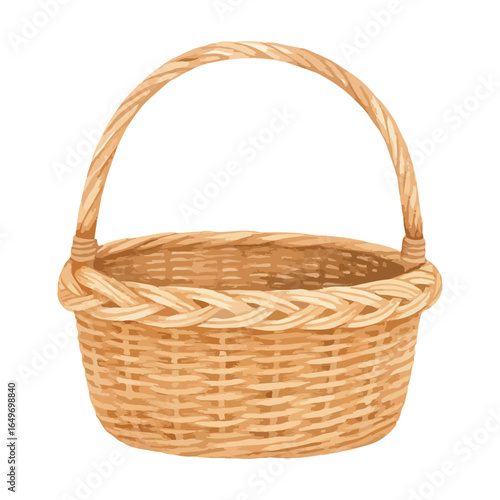 Handmade wicker basket in watercolor style. Vector isolated on white background.