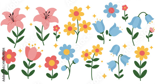 Colorful floral pattern with lilies, daisies, and bellflowers on a white background