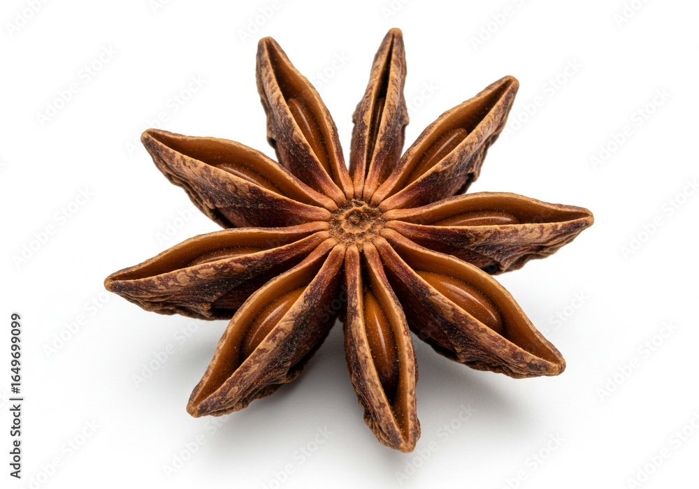 Close up of a single star anise spice showing its eight points on a white background studio shot Close up of a single star anise spice showing its eight points on a white background studio shot