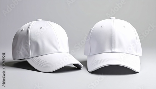 Two Plain White Baseball Caps Facing Forward on a Light Gray Surface