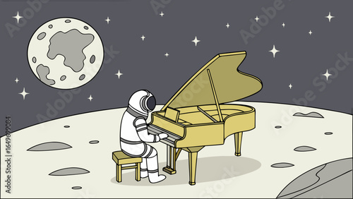 Astronaut sitting on table Playing Golden Piano on the Moon – Surreal Space Vector Illustration