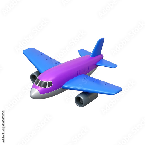 A colorful cartoon airplane with blue wings and a purple fuselage flies through the sky isolated on transparent background