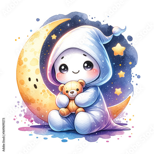 Cute Sleepy Character on the Moon with a Teddy Bear