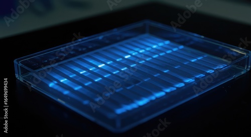 Cutting-edge electrophoresis gel reveals stunning DNA fragments in blue light for revolutionary biotech research, genetic engineering, and pharmaceutical innovation