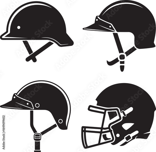 Four black silhouettes of different types of helmets on a white background safety protection