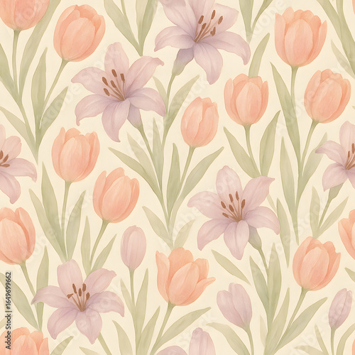 Floral Pattern: A visually appealing floral pattern showcasing watercolor flowers blooms, the image creates a sense of natural elegance, bringing a touch of spring to any project.