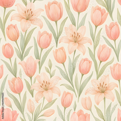 Wallpaper Mural Floral Elegance: A seamless pattern showcases a delicate ballet of tulips and lilies in a harmonious display. Torontodigital.ca