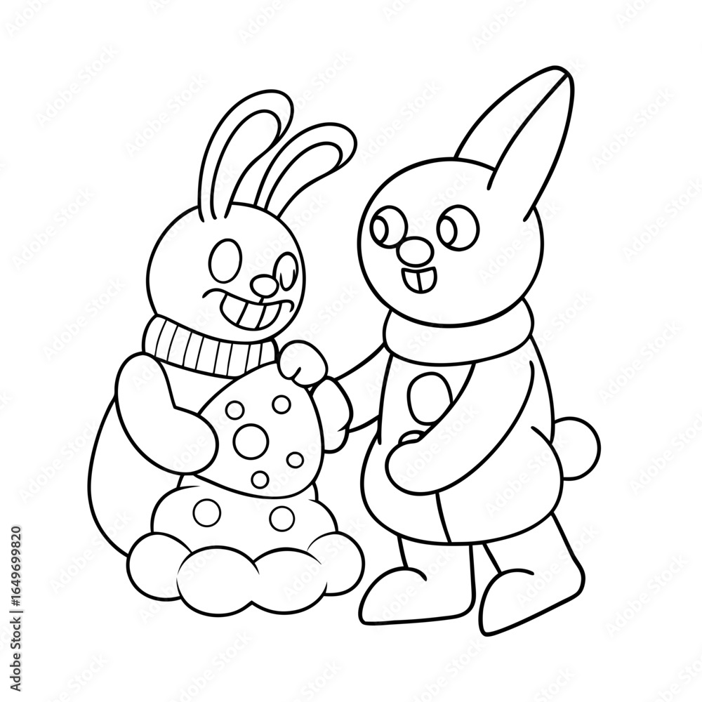 Fototapeta premium black outline printable bunny building snowman