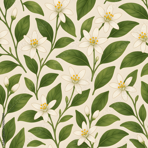 Floral Pattern: A beautiful floral pattern featuring delicate white blossoms and vibrant green leaves creates a sense of freshness and tranquility, perfect for a variety of design applications.