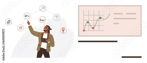 Business person assessing transportation and technology data, connecting elements thumbs up planes, trucks, and wireless. Ideal for logistics, data, connectivity, business, strategy network