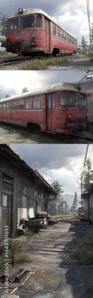 Obraz premium Red Train at Abandoned Station