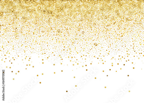 Gold glitter confetti rain forming festive sparkling border with rich bokeh effect across top edge, isolated on transparent background