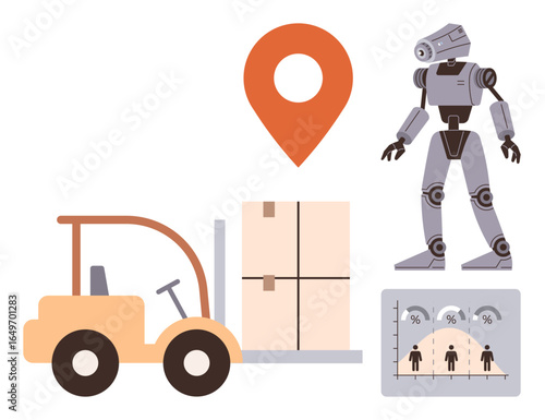 Forklift moving cargo, location marker, robot, and analytics display showcasing automated logistics. Ideal for technology, efficiency, transport, innovation, machinery digitization and future