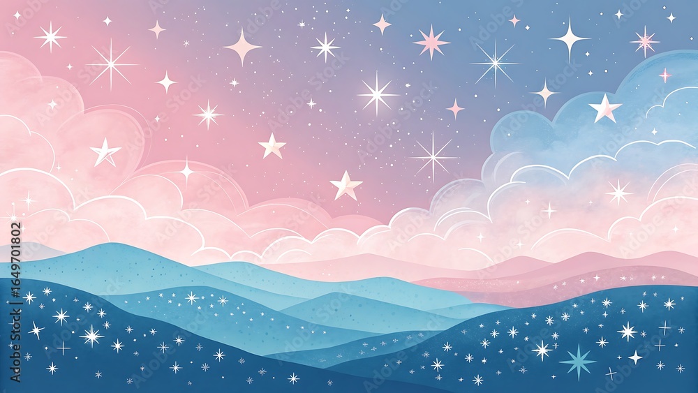 Obraz premium Dreamy Pastel Landscape with Sparkling Stars and Gentle Clouds, Watercolor Mountain Range Illustration.