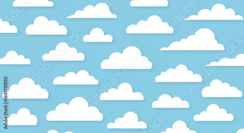 White Clouds Seamless Pattern on Light Blue Sky, Weather Background