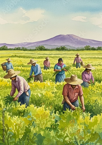 Watercolor Scene: Latin American Migrant Workers Harvesting - Latinx farmworkers harvesting in a vibrant field, symbolizing community, resilience, labor, agriculture, and immigration