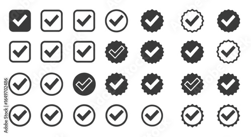 Checkmark Collection, Verification Badges and Tick Symbols on a Plain Background
