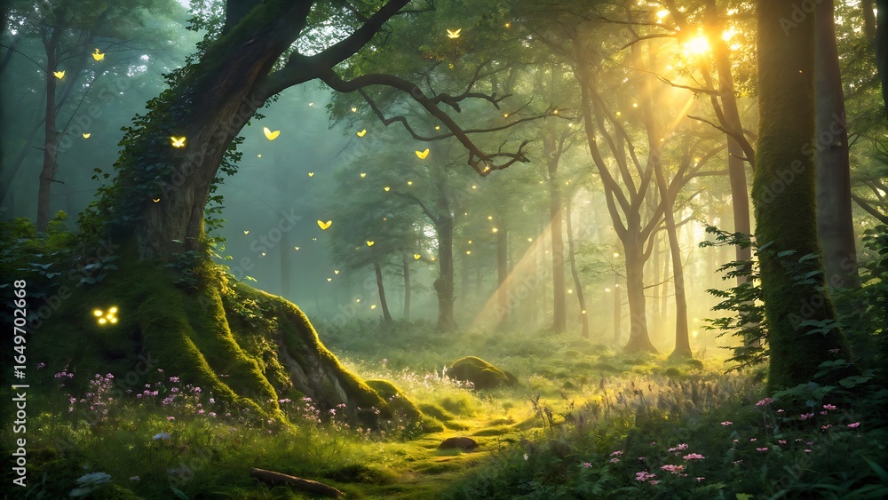 Obraz premium Enchanting Forest Glade with Sunlit Trees and Magical Glowing Lights, Evoking Wonder and Serenity in Nature.