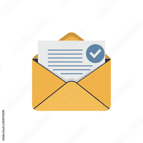 Email confirmation icon with document in yellow envelope  