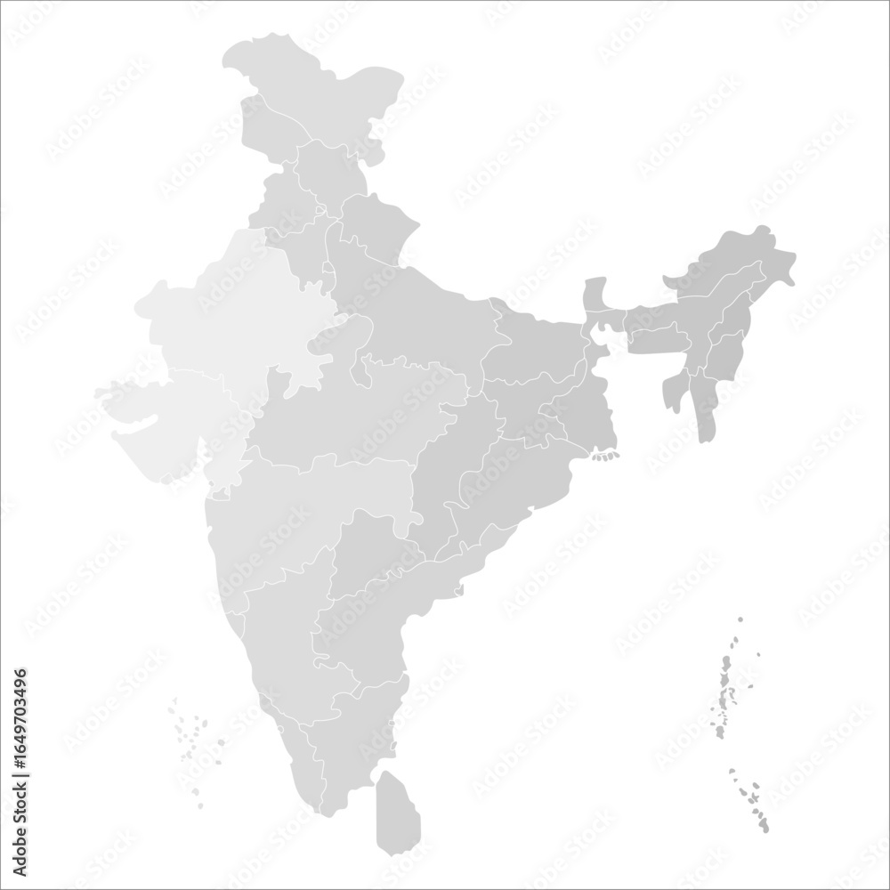 Fototapeta premium Indian map with state Grayscale, Political India map in high resolution for web, print, and presentations. Indian map state coloured