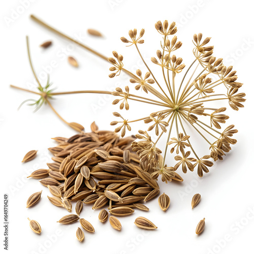 Dried dill seeds displayed on a white background, used for pickling, seasoning dishes,