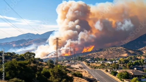 Wildfire Devastation: Burning Landscape, Smoke, Flames, Power Lines, and Destruction.