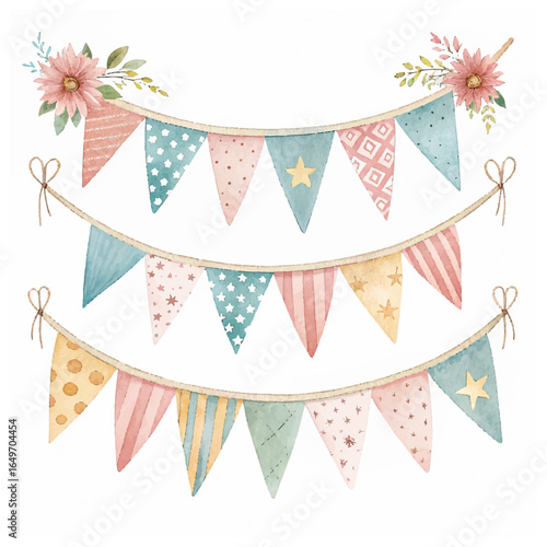 Watercolor illustration of Garlands with Flags in soft boho colors. Drawing of pennants for baby showers greeting cards or childish party invitations. Art for nursery decorations and festivity decor.