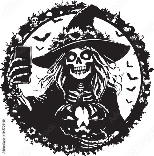 Creepy skeleton witch character taking a selfie with a carved pumpkin vector
