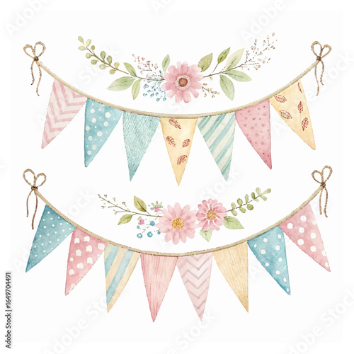 Watercolor illustration of Garlands with Flags in soft boho colors. Drawing of pennants for baby showers greeting cards or childish party invitations. Art for nursery decorations and festivity decor.