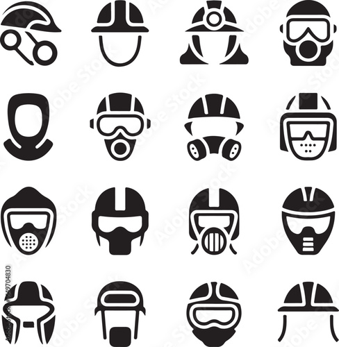Collection of sixteen black safety and protective headgear icons on white helmet protection