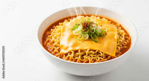 Close-up shot of a steaming bowl of spicy ramen noodles topped with a slice of cheese and green onions.