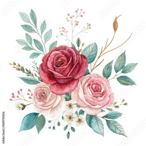 Watercolor bouquet with deep red and blush pink roses, small white blossoms, and greenery accents, transparent background