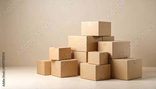 Cardboard boxes arranged in a pyramid on warm neutral beige background, soft studio lighting and gentle shadows; brandless and taped with copy space—ideal for ecommerce, logistics, moving, shipping