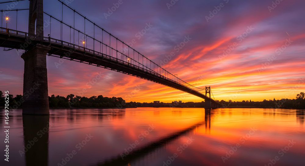 Fototapeta premium Bridge Over River at Sunset with Orange Sky and Water Reflection
