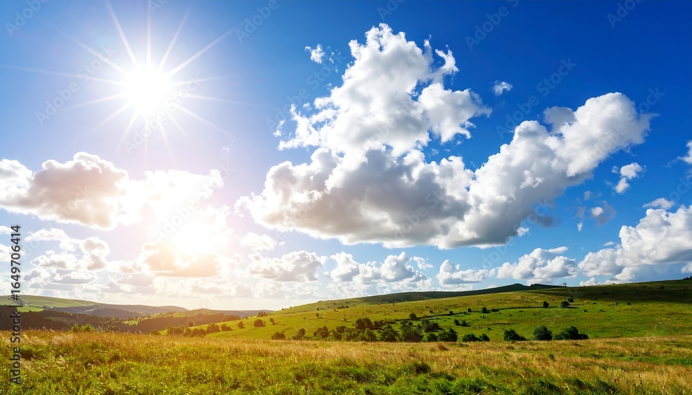 Obraz premium Sunny day landscape with hills and clouds.