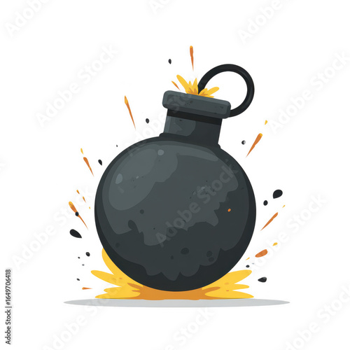 Black round bomb with lit fuse and explosion sparks, classic cartoon style explosive icon with dynamic orange sparks and yellow blast, isolated on transparent background