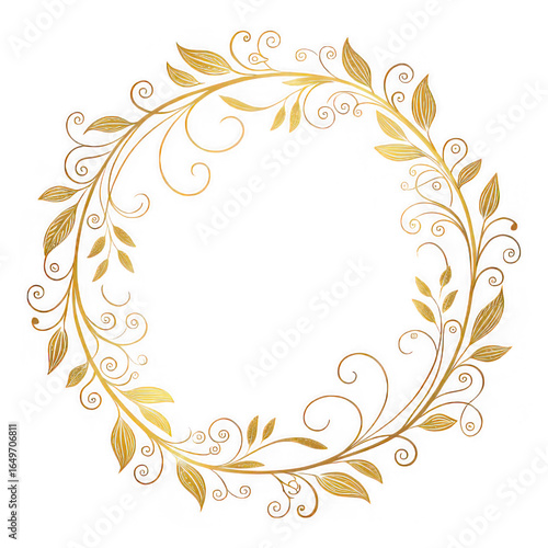 Elegant gold floral wreath with delicate leaves and scrollwork forming a circular decorative frame, transparent background