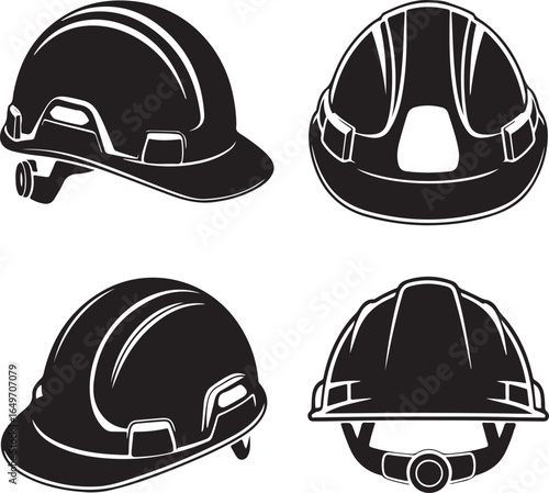 Black silhouette icons of construction hard hats from different angles helmet safety