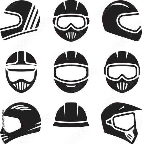 Collection of nine black motorcycle and construction helmet icons motorcycle helmet motocross helmet