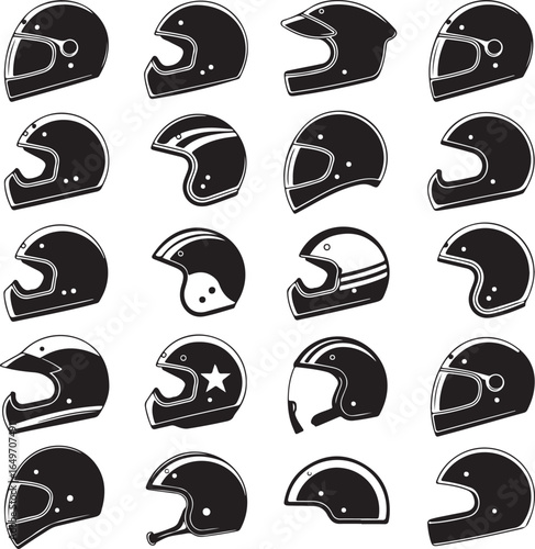 Grid of 16 black and white helmet illustrations for various sports and activities racing motorcycle