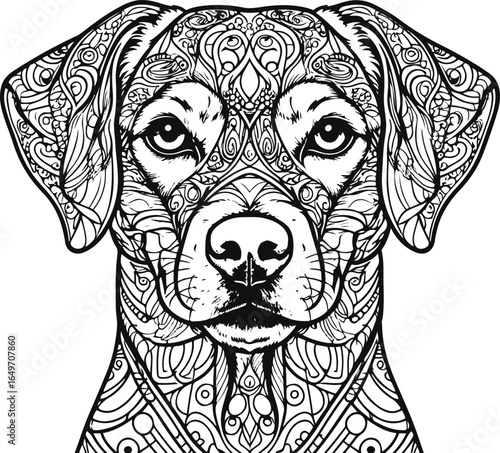 A perfectly symmetrical, front-facing dog face coloring page illustration, drawn with clean, consistent black ink lines in minimalist style