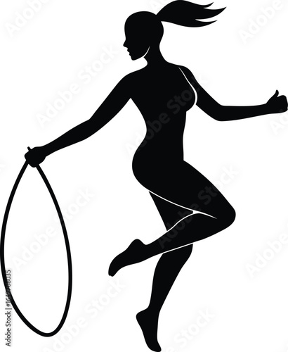 Graceful woman in silhouette jumping rope isolated on white background