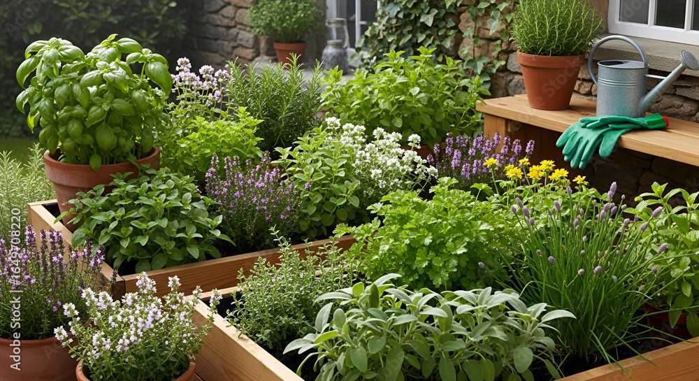 Fototapeta premium Herb garden with various herbs and wooden frame