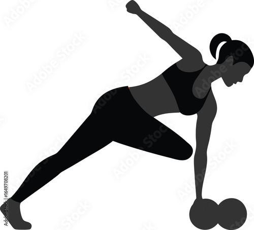 Athletic woman performing a side plank with dumbbells silhouette isolated on white background