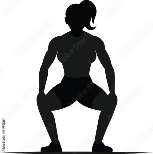 Silhouette of a muscular woman performing a squat exercise isolated on white background