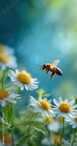 Honeybee in flight over white daisies