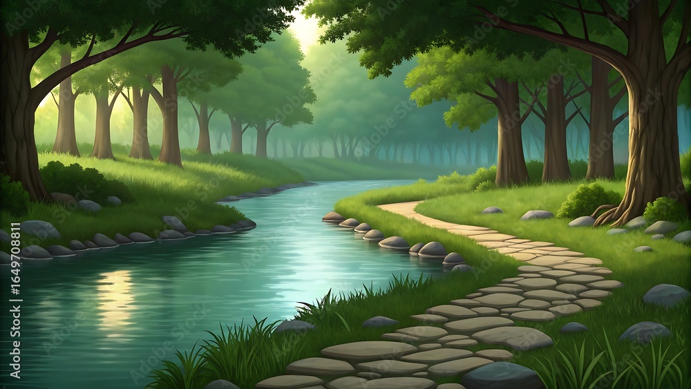 Obraz premium Serene forest landscape with a calm river